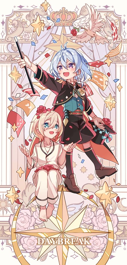 2boys, aged_down, bird, black_jacket, black_shorts, blonde_hair, blue_eyes, blue_hair, blue_vest, blush, child, dove, ensemble_stars!, flower, full_body, haiyanjiatang, hibiki_wataru, holding, holding_head, holding_wand, jacket, multiple_boys, pajamas, red_flower, red_rose, rose, short_hair, shorts, star_(symbol), tenshouin_eichi, vest, violet_eyes, wand, yellow_pajamas