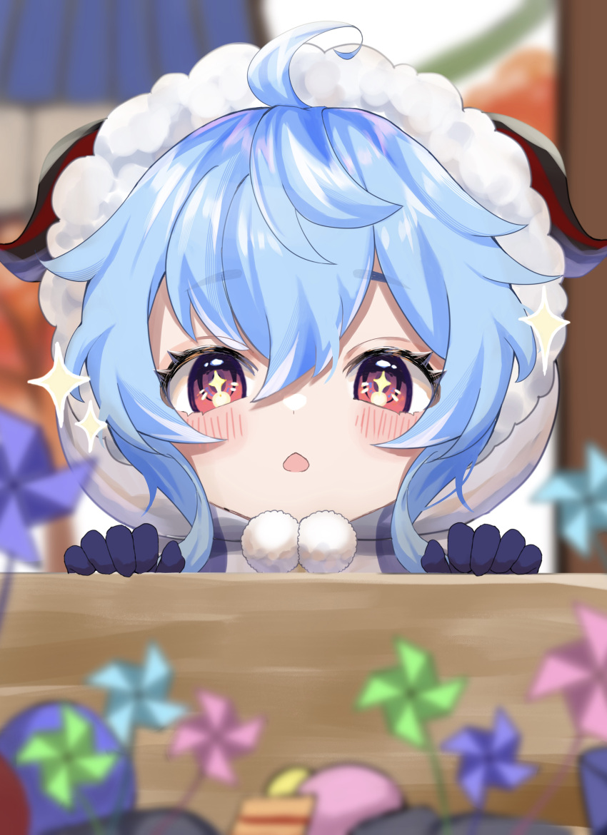 +_+, 1girl, absurdres, aged_down, ahoge, blue_gloves, blue_hair, blurry