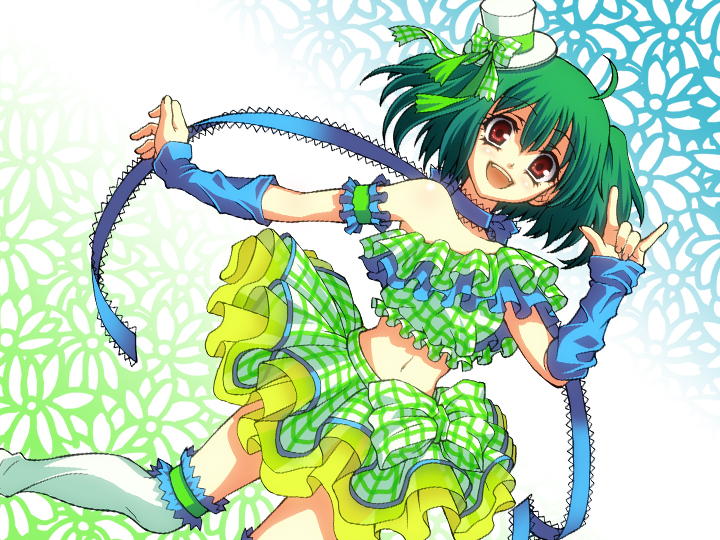 \m/, bow, green_hair, hat, macross, macross_frontier, masurao_bc, midriff