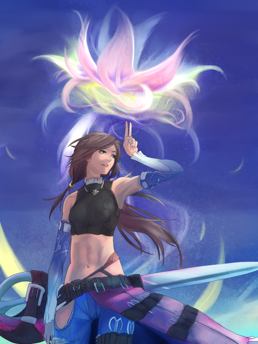 bad_id, bare_shoulders, belt, brown_hair, flower, green_eyes, hako_(mypixid), highres