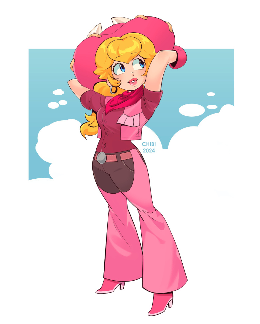 1girl, absurdres, adapted_costume, alternate_color, belt, blonde_hair, blue_eyes, chaps