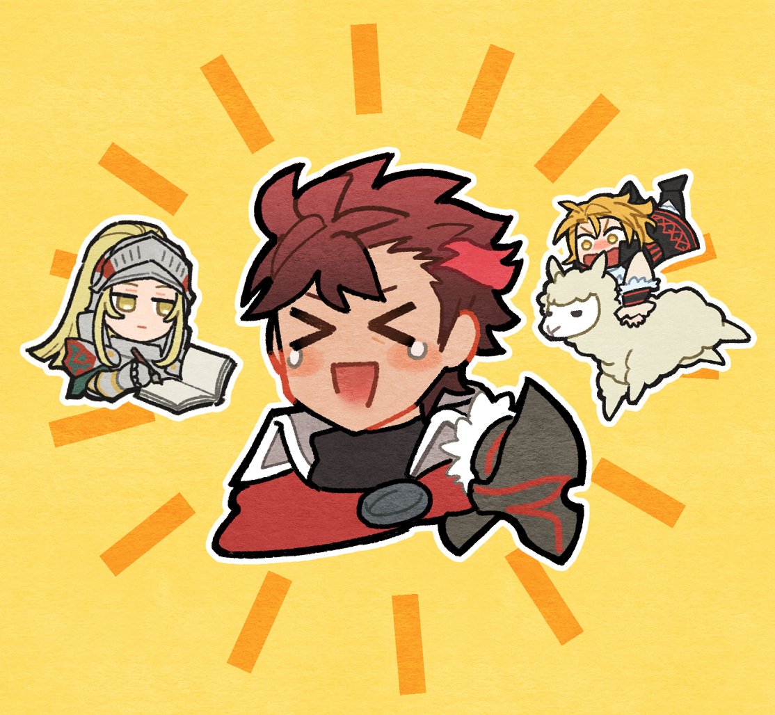 >o<, 1girl, 2boys, alpaca, amber_(fire_emblem), animal, armor, blonde_hair