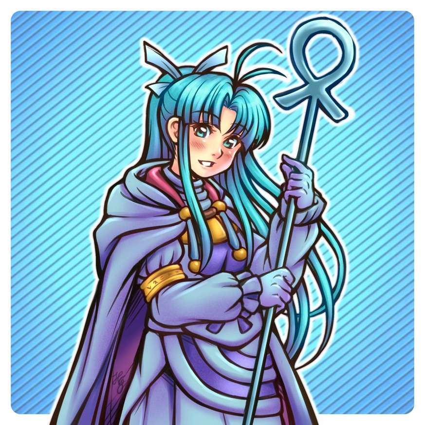 1girl, antenna_hair, blue_eyes, blue_hair, cloak, gloves, gold_bracelet, golden_sun