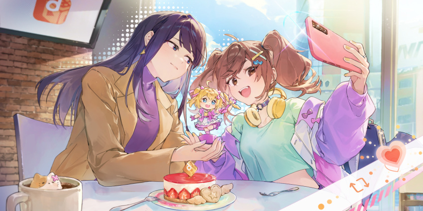 ahoge, blue_eyes, blue_hair, brown_coat, brown_eyes, brown_hair, chap_sal_!, choker, coat, commentary, cropped_shirt, d-anime_store, dot_nose, figure, green_shirt, group_picture, hair_ornament, headphones, headphones_around_neck, highres, holding, holding_phone, indoors, jacket, kasumi_(d-anime_store), long_hair, looking_at_another, mana_(d-anime_store), medium_hair, midriff, on_chair, open_clothes, open_coat, open_mouth, phone, purple_jacket, purple_sweater, shirt, sidelocks, sitting, straight_hair, sweater, turtleneck, turtleneck_sweater, twintails, upper_body, x_hair_ornament