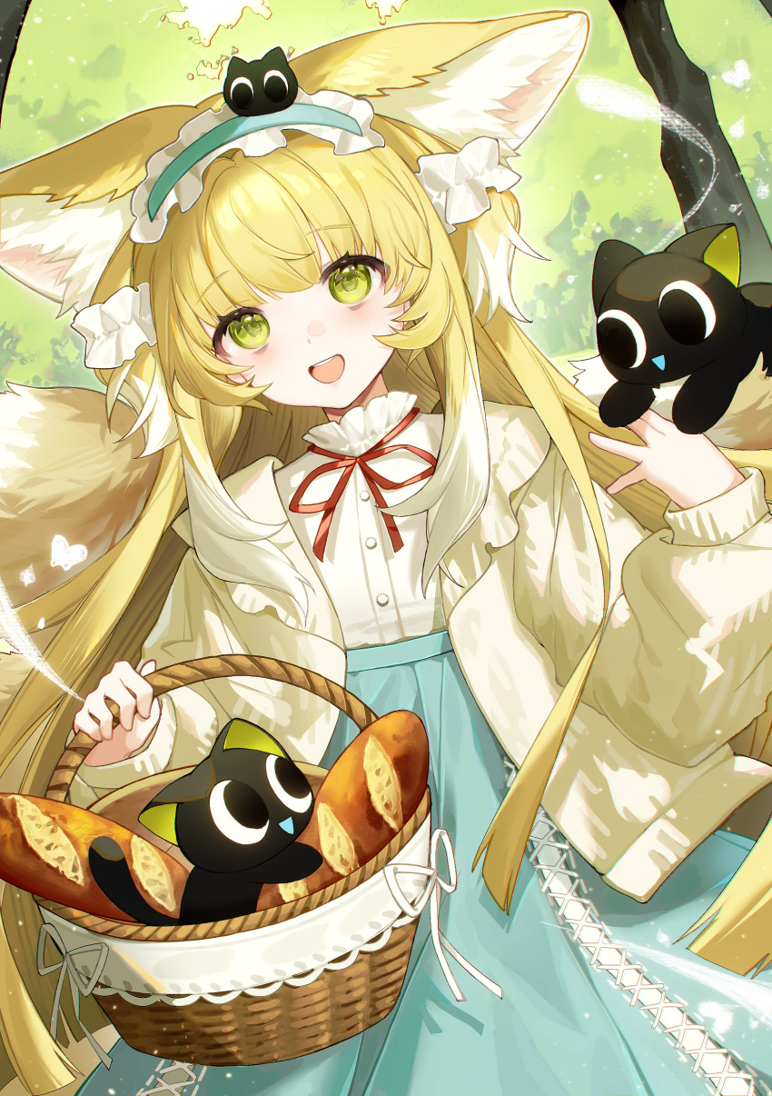 1girl, :d, absurdres, animal, animal_ears, arknights, baguette, basket