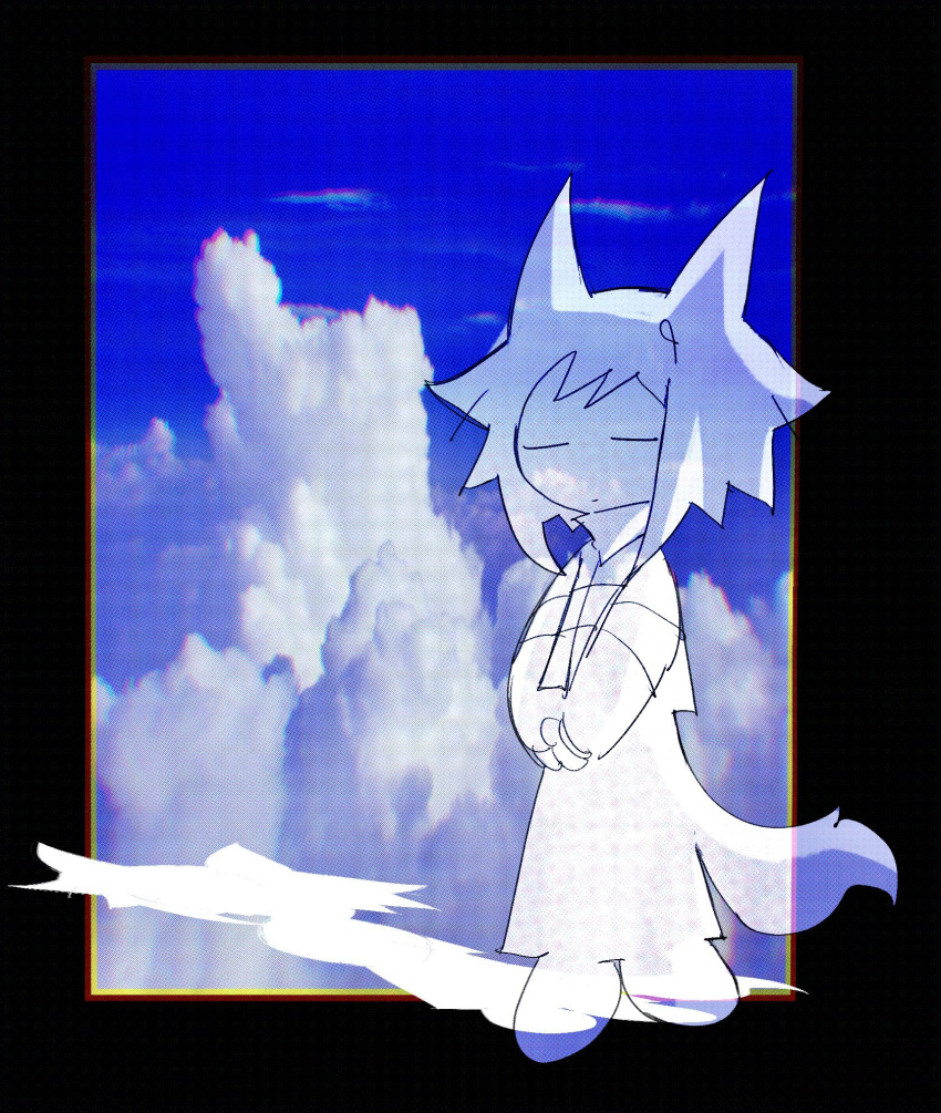 1girl, animal_ears, bajinns, closed_eyes, clouds, door, highres, no_mouth