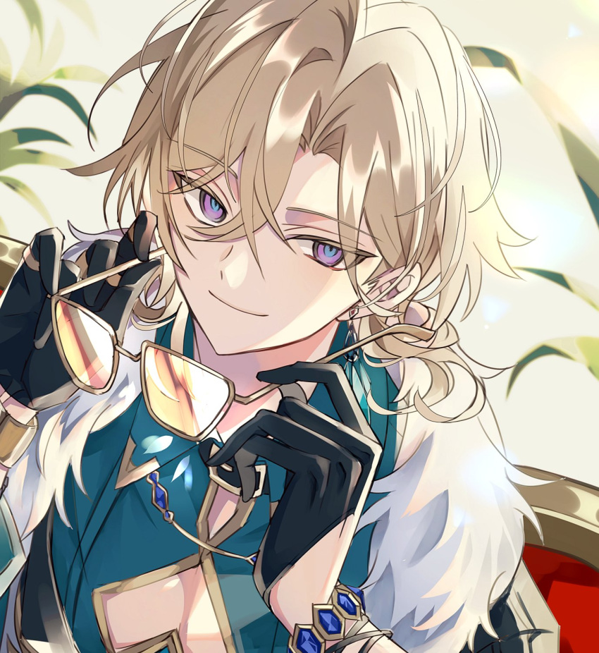 1boy, aventurine_(honkai:_star_rail), black_gloves, blonde_hair, closed_mouth, crossed_bangs, earrings, fur_trim
