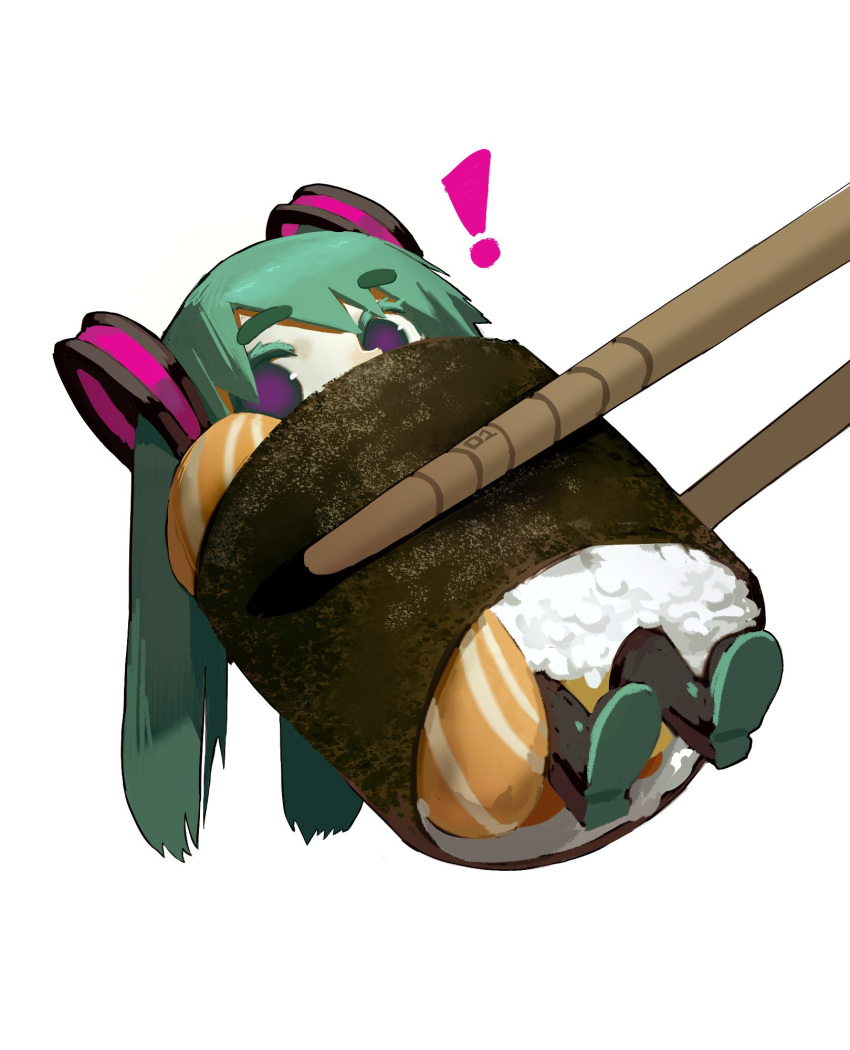 !, 1girl, aqua_hair, chopsticks, fish_(food), food, gunkanmaki, hatsune_miku