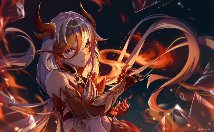 1girl, azuria03, bare_shoulders, chinese_clothes, claws, clenched_hand, closed_mouth, detached_sleeves, elbow_gloves, english_commentary, eyeliner, fu_hua, fu_hua_(fenghuang_of_vicissitude), gloves, hair_between_eyes, highres, honkai_(series), honkai_impact_3rd, long_hair, makeup, multicolored_hair, red_eyeliner, red_eyes, red_gloves, redhead, solo, streaked_hair, two-tone_hair, upper_body, very_long_hair, white_hair