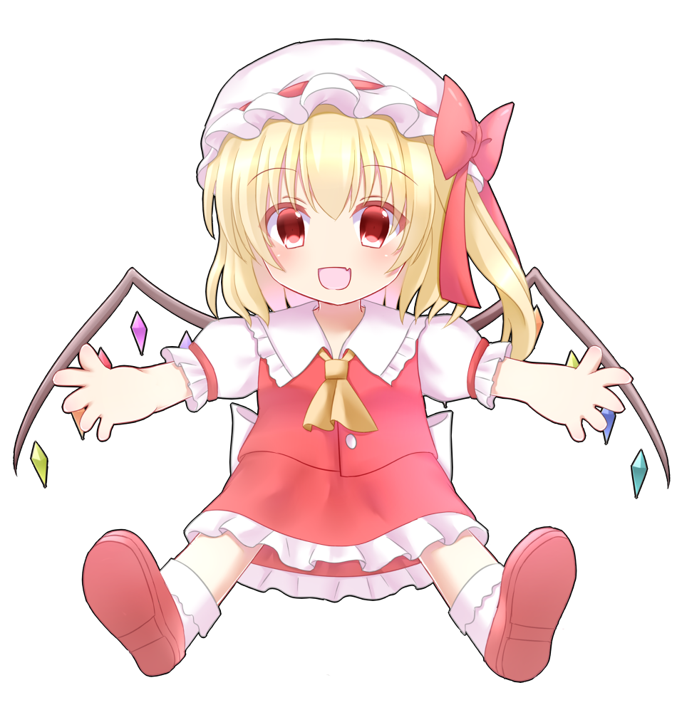 1girl, back_bow, blonde_hair, bow, brown_footwear, chibi, collared_shirt, fang, flandre_scarlet, frilled_shirt_collar, frilled_skirt, frilled_sleeves, frills, full_body, hair_between_eyes, happy, hat, hat_bow, hat_ribbon, large_bow, looking_at_viewer, medium_hair, mob_cap, multicolored_wings, one_side_up, open_mouth, puffy_short_sleeves, puffy_sleeves, red_bow, red_eyes, red_ribbon, ribbon, ribbon-trimmed_headwear, ribbon_trim, shirt, shoe_soles, short_sleeves, simple_background, skin_fang, skirt, sleeve_ribbon, socks, solo, touhou, white_background, white_bow, white_shirt, white_socks, wings, yukina_kurosaki