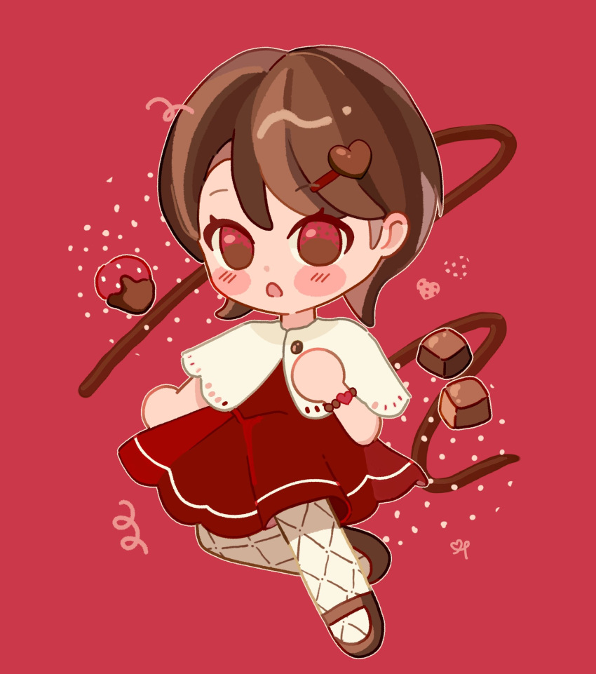 blush, bracelet, brown_eyes, brown_footwear, brown_hair, chocolate, chocolate_strawberry, dress