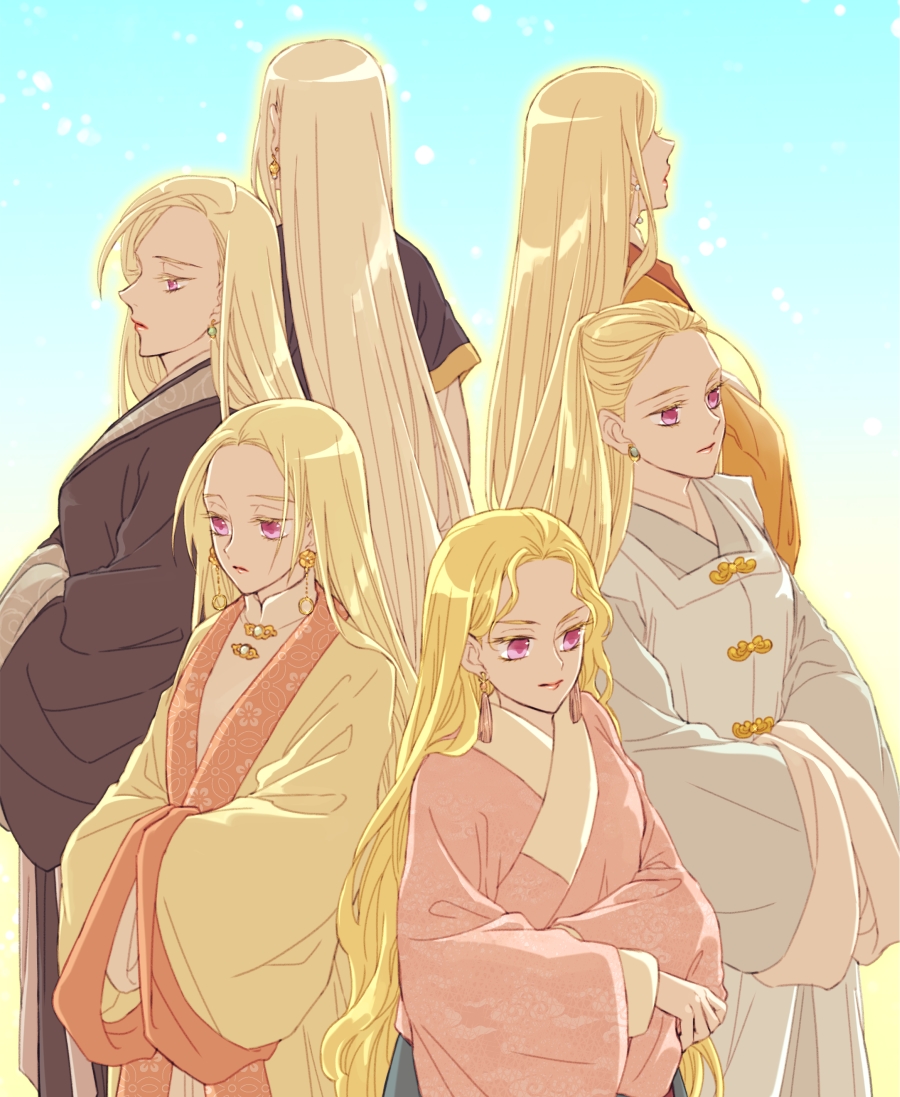6+girls, back-to-back, black_robe, chinese_clothes, closed_mouth, colored_eyelashes, facing_away, frown