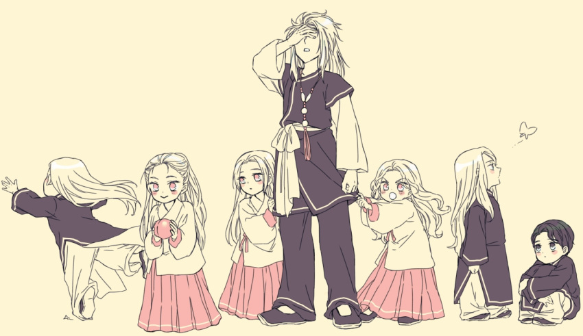 3girls, 4boys, aged_down, arm_at_side, blush, bug, butterfly, changpao