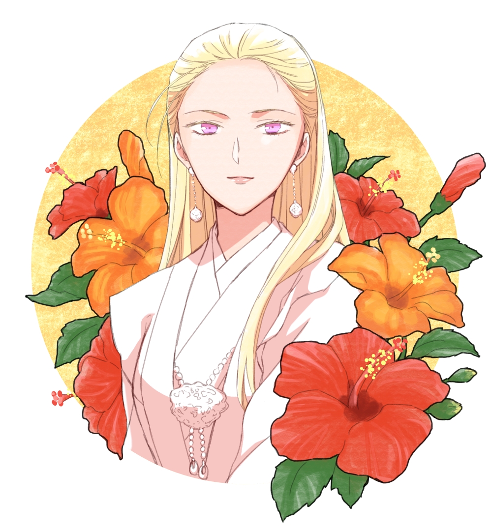 1girl, blonde_hair, bud, chinese_clothes, cropped_torso, earrings, floral_background, flower