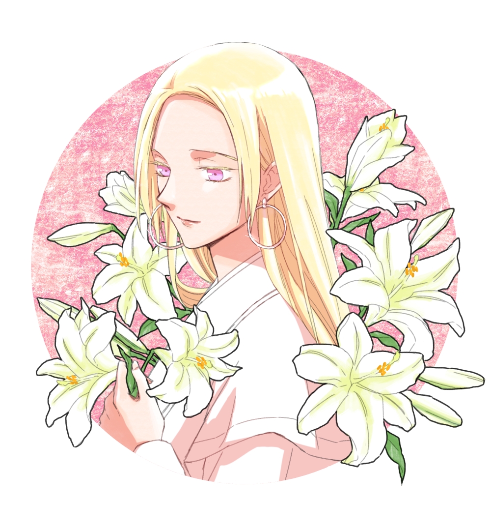 1girl, blonde_hair, chinese_clothes, closed_mouth, earrings, floral_background, flower, from_side