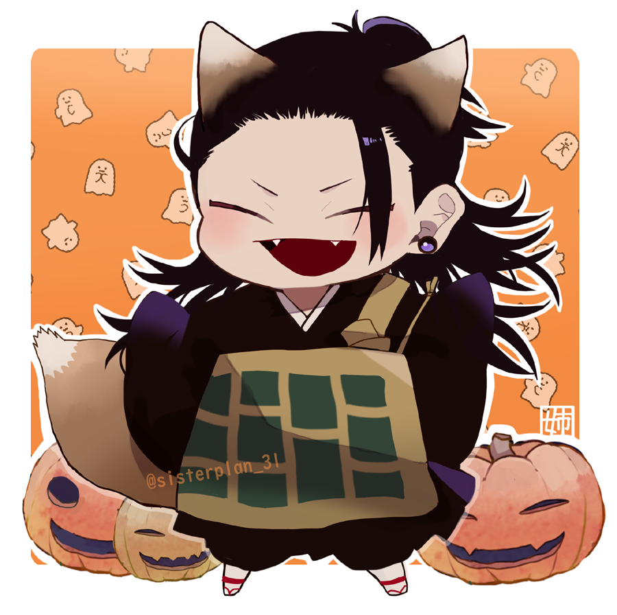 animal_ears, artist_name, black_hair, black_kimono, chibi, closed_eyes, ear_piercing, fangs