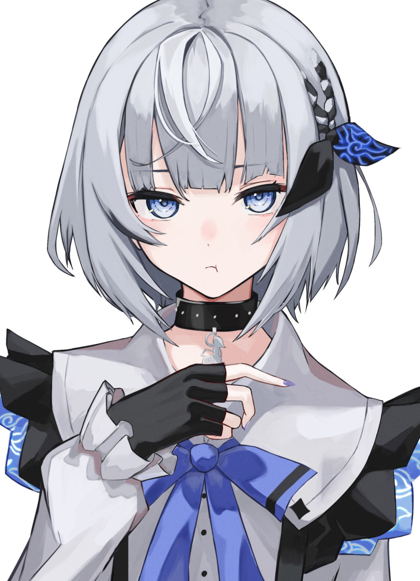 1girl, black_collar, blue_bow, blue_eyes, blue_nails, bow, collar, fingerless_gloves