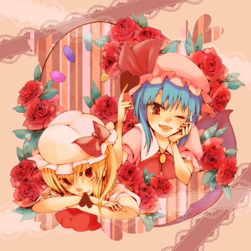 2girls, bat_wings, blonde_hair, blue_hair, bow, bowtie, brown_background, buutan, closed_mouth, collared_shirt, crossed_arms, flandre_scarlet, floral_background, flower, hat, index_finger_raised, leaf, mob_cap, multiple_girls, one_eye_closed, open_mouth, pink_headwear, pink_shirt, puffy_short_sleeves, puffy_sleeves, red_bow, red_bowtie, red_eyes, red_flower, red_rose, remilia_scarlet, rose, shirt, short_sleeves, siblings, simple_background, sisters, touhou, upper_body, white_headwear, white_shirt, wings