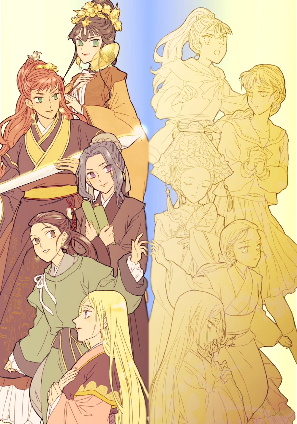 5girls, :d, :o, age_comparison, black_hair, blonde_hair, blue_background, braid