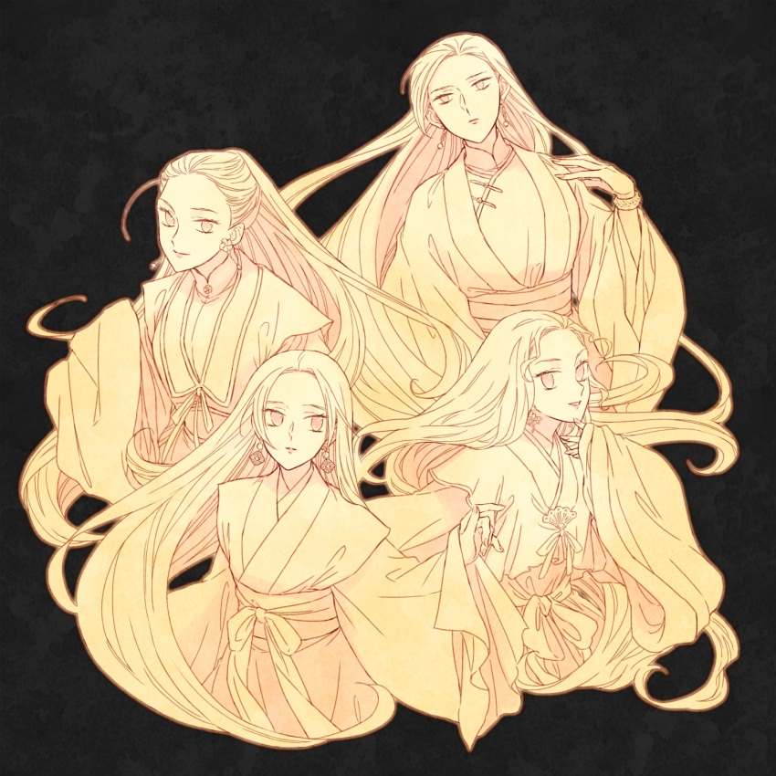 4girls, bracelet, chinese_clothes, earrings, flower_earrings, hair_pulled_back, hand_up, hanfu, hanrin_(juuni_kokuki), highres, itoyoshi_(koiyuri), jewelry, juuni_kokuki, kourin_(juuni_kokuki), layered_sleeves, long_sleeves, looking_at_viewer, monochrome, multiple_girls, outstretched_arm, parted_bangs, ponytail, renrin_(juuni_kokuki), sairin_(juuni_kokuki), sash, short_over_long_sleeves, short_sleeves, simple_background, sleeves_past_fingers, sleeves_past_wrists, smile, toggles, wide_sleeves, yellow_theme