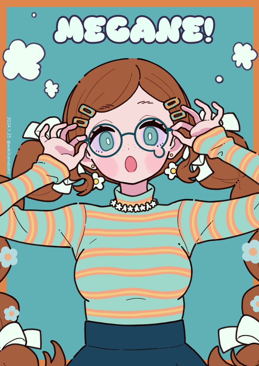 1girl, blue-framed_eyewear, blue_background, blue_eyes, blue_flower, blue_skirt, border, bow