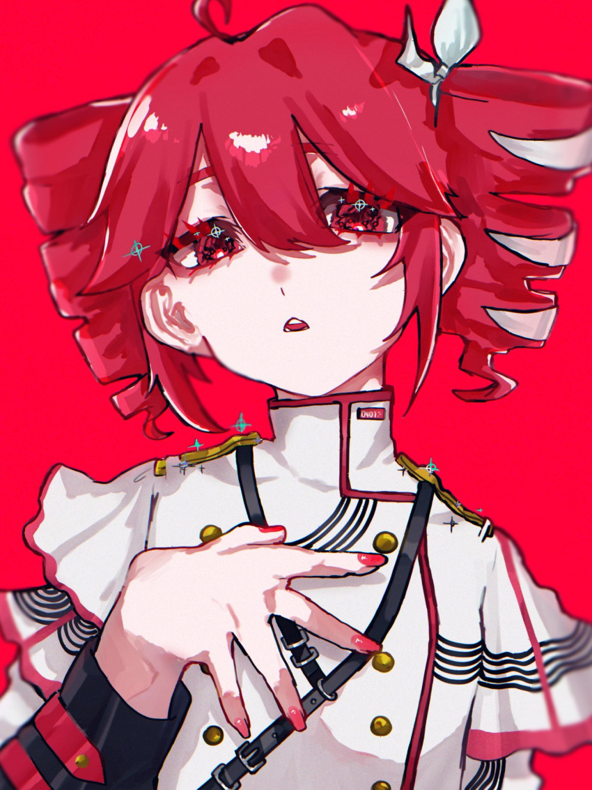 1girl, bow, buttons, double-breasted, drill_hair, hair_bow, hand_on_own_chest, high_collar