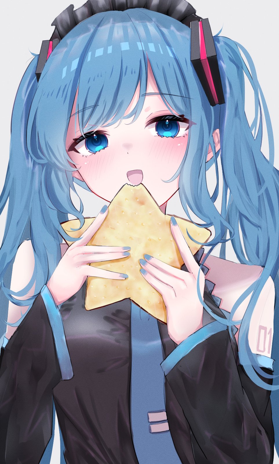 1girl, blue_eyes, blue_hair, blush, cookie, detached_sleeves, eating, food, h_raj_(pixiv_93311327), hair_ornament, hairband, hatsune_miku, highres, holding, holding_food, lolita_hairband, long_hair, long_sleeves, looking_at_viewer, nail_polish, necktie, open_mouth, shirt, sleeveless, sleeveless_shirt, smile, solo, star-shaped_cookie, star-shaped_food, star_(symbol), twintails, upper_body, vocaloid
