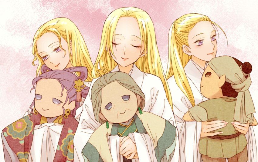 3girls, character_doll, chinese_clothes, doll, facing_viewer, goranjou_(juuni_kokuki), hair_over_shoulder, hair_pulled_back