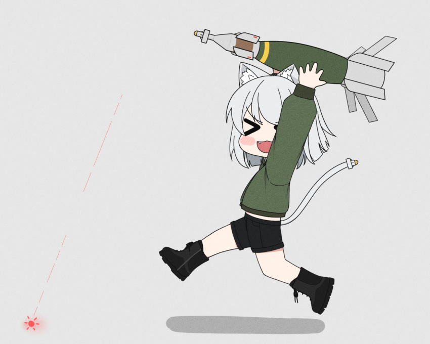>_<, 1girl, animal_ear_fluff, arms_up, atamonica, black_footwear, black_shorts, bomb