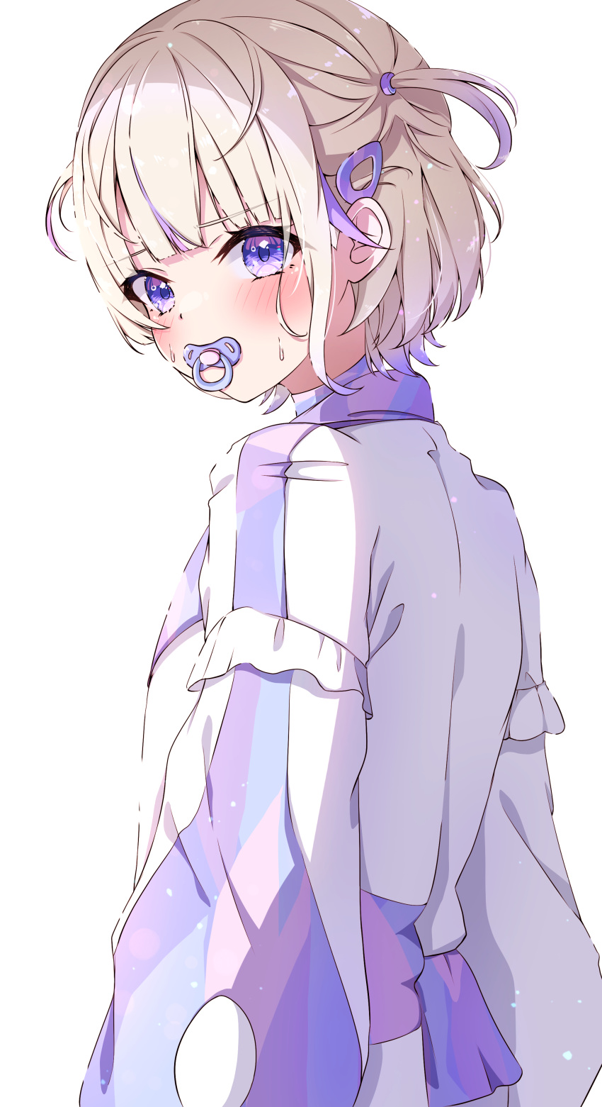 1girl, absurdres, blonde_hair, blush, hair_ornament, hairclip, highres, hololive, hololive_dev_is, jacket, long_sleeves, looking_at_viewer, multicolored_clothes, multicolored_hair, multicolored_jacket, pacifier, purple_hair, purple_jacket, simple_background, streaked_hair, sweat, t4n4k4_no_yosei, todoroki_hajime, two-tone_jacket, two_side_up, upper_body, violet_eyes, virtual_youtuber, white_background, white_jacket