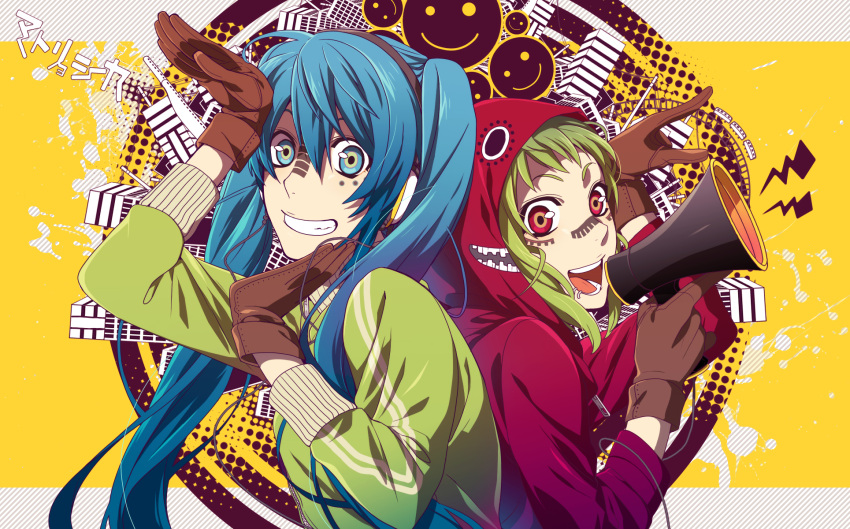 back-to-back, blue_eyes, blue_hair, crazy_eyes, gloves, green_hair, gumi, hand_on_cheek