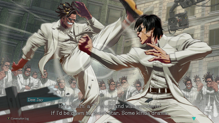 agent_smith, agent_smith_(cosplay), camera, cosplay, dee_jay, dialogue_box, fei_long, fighting_stance