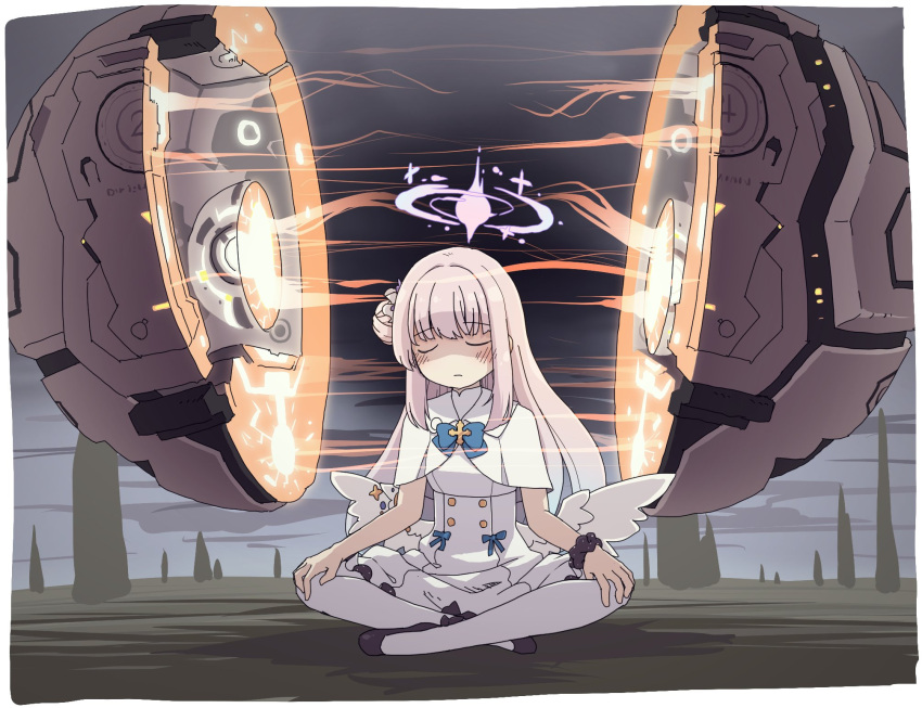 1girl, akaino_(akaomi), angel_wings, black_footwear, black_scrunchie, blue_archive, capelet, chesed_(blue_archive)