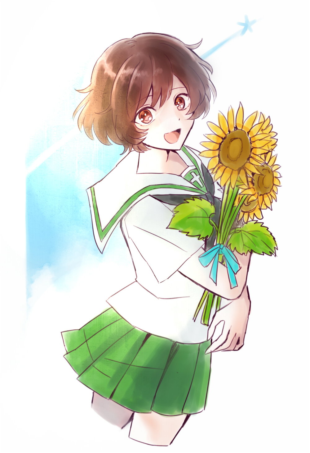 1girl, :d, akiyama_yukari, brown_eyes, brown_hair, cropped_legs, flower, girls_und_panzer
