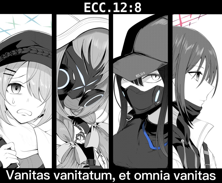 4girls, arius_squad_(blue_archive), atsuko_(blue_archive), baseball_cap, blue_archive, bow, braid, cabbie_hat