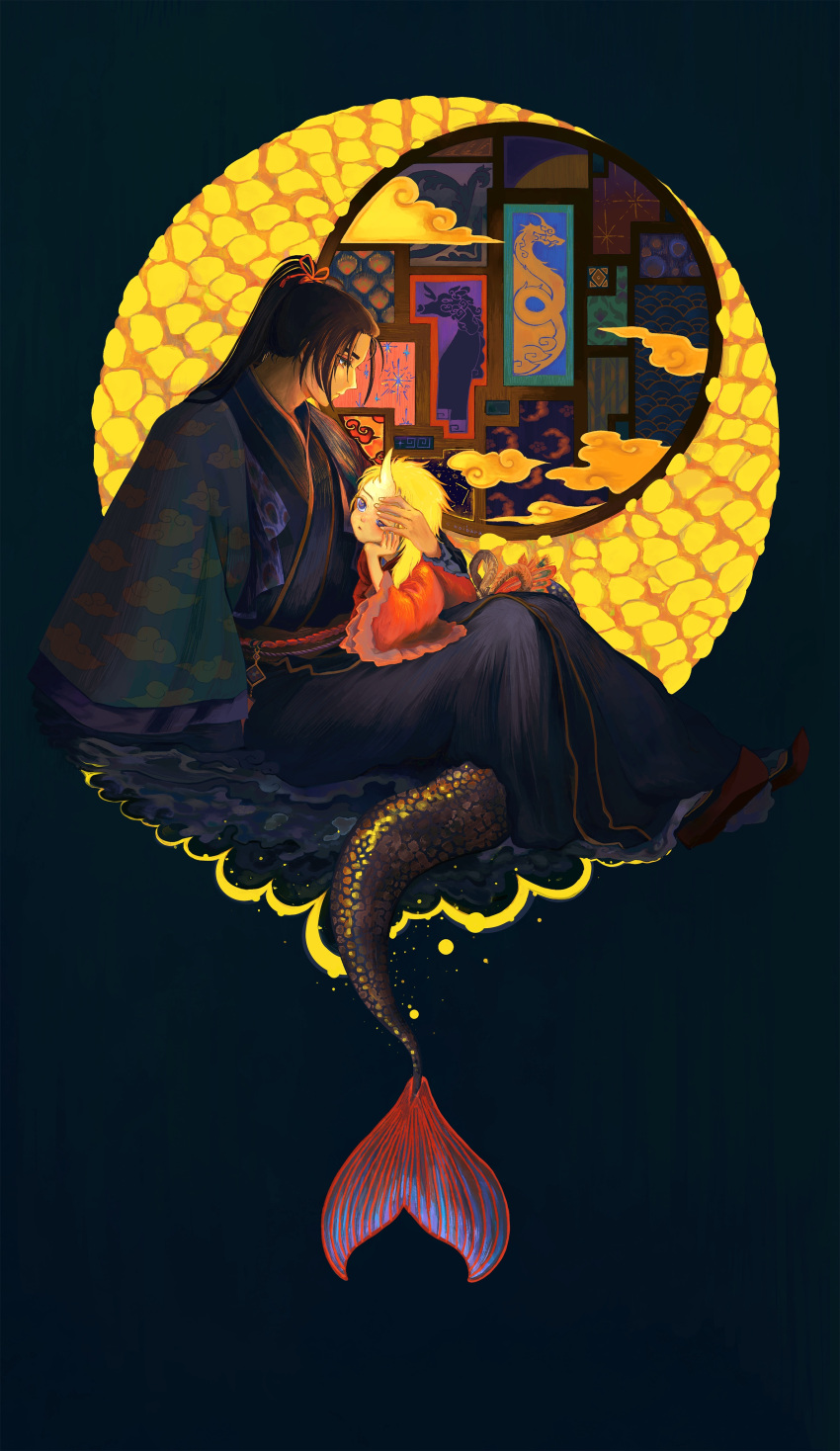 2boys, absurdres, black_kimono, blonde_hair, blue_eyes, brown_hair, clouds, crescent