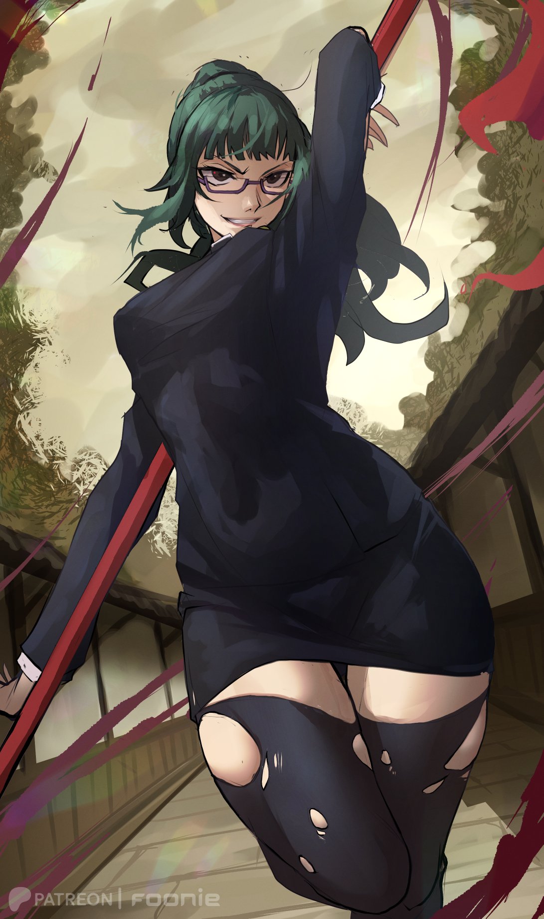 black_jacket, funi_xd, gakuran, glasses, green_hair, high_collar, highres, jacket, jujutsu_kaisen, jujutsu_tech_uniform, ponytail, school_uniform, smile, thigh-highs, torn_clothes, weapon, zen'in_maki