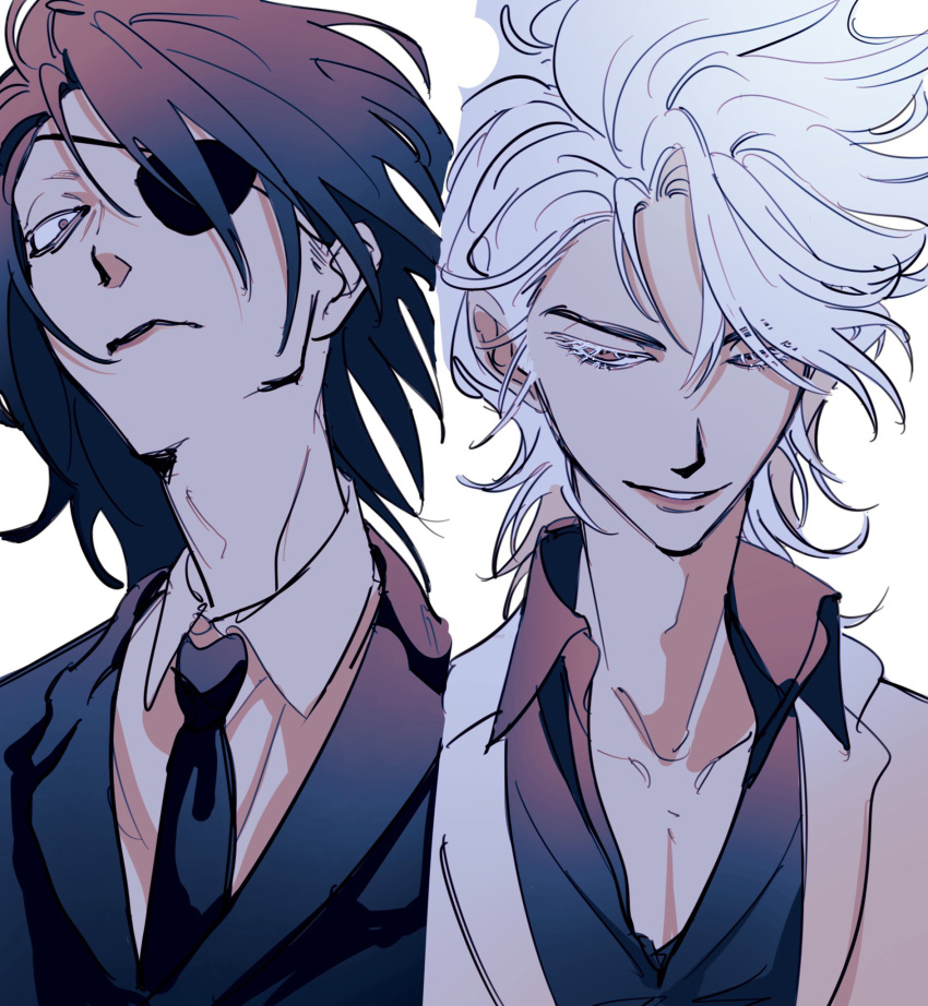 2boys, asymmetrical_bangs, bags_under_eyes, black_hair, black_jacket, black_necktie, black_shirt, closed_mouth
