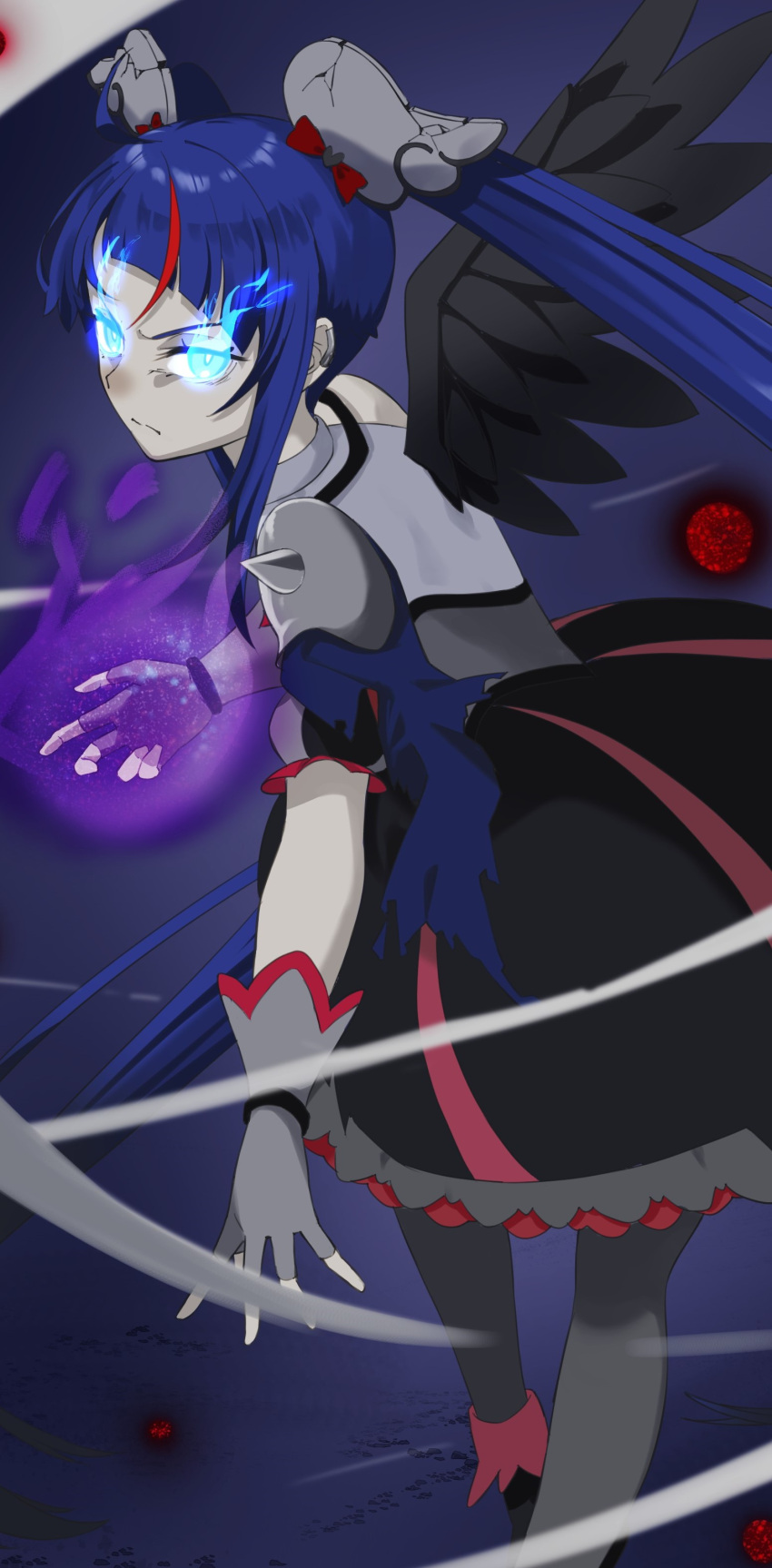 1girl, absurdres, ankle_boots, armor, black_dress, black_footwear, black_wings, blue_eyes