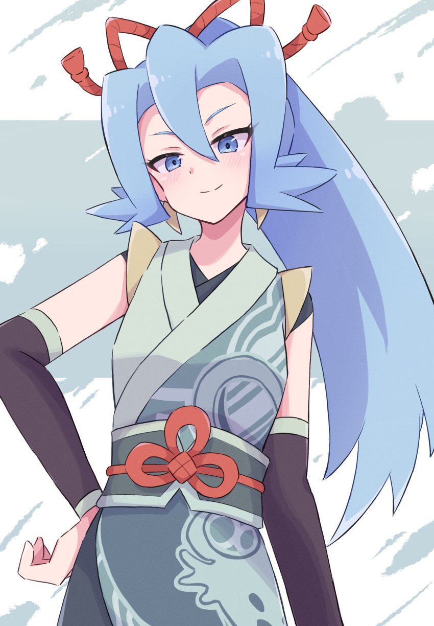 1girl, absurdres, blue_eyes, blue_hair, blush, clair_(new_year's_2024)_(pokemon), clair_(pokemon), closed_mouth, detached_sleeves, earrings, hair_between_eyes, hand_on_own_hip, highres, japanese_clothes, jewelry, kimono, long_hair, looking_at_viewer, official_alternate_costume, piyo_to_game, pokemon, pokemon_masters_ex, ponytail, smile, solo