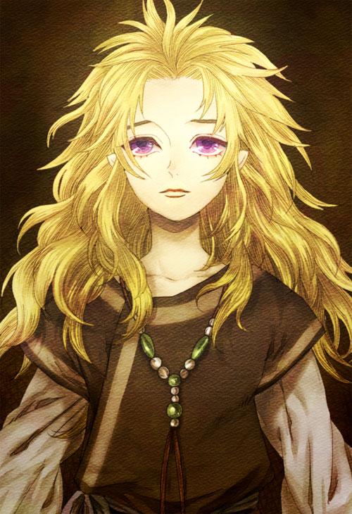 1boy, arms_at_sides, bead_necklace, beads, blonde_hair, brown_background, closed_mouth, enki_(juuni_kokuki), jewelry, juuni_kokuki, layered_sleeves, long_hair, long_sleeves, male_focus, nama_(na-ma), necklace, pointy_ears, short_over_long_sleeves, short_sleeves, solo, tareme, upper_body, violet_eyes
