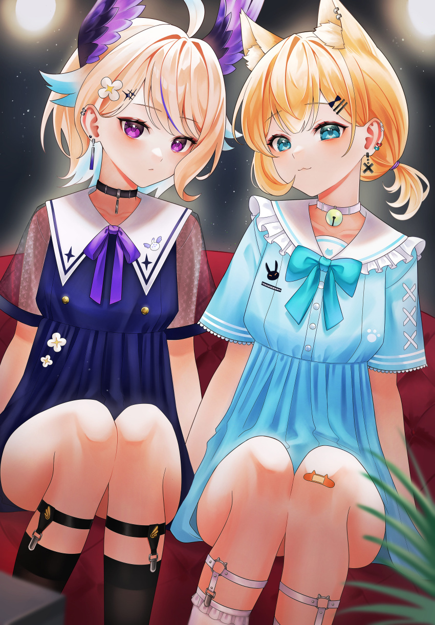 2girls, :3, absurdres, ahoge, animal_ear_fluff, animal_ears, bandage_on_knee, bell