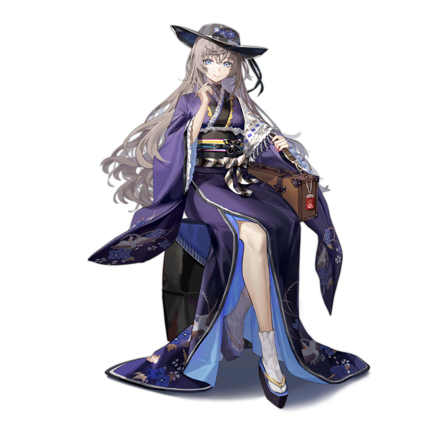 1girl, animal_print, bird_print, black_headwear, black_sash, blue_eyes, brown_hair, closed_mouth