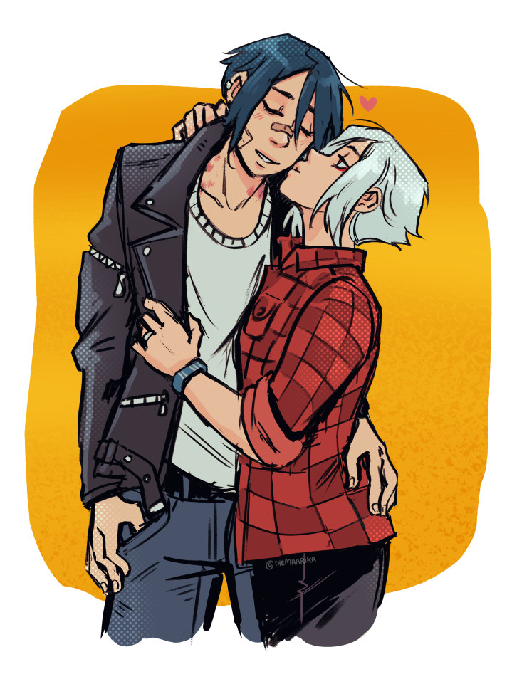 2girls, ariane_yeong, bandaid, black_hair, blush, closed_eyes, denim, ear_piercing