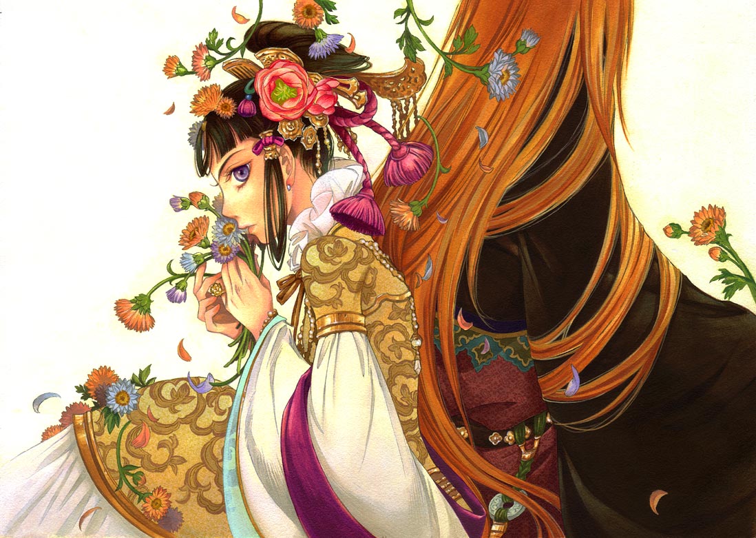 1boy, 1girl, armlet, back-to-back, bead_bracelet, bead_necklace, beads, beifen_(pixiv439604)