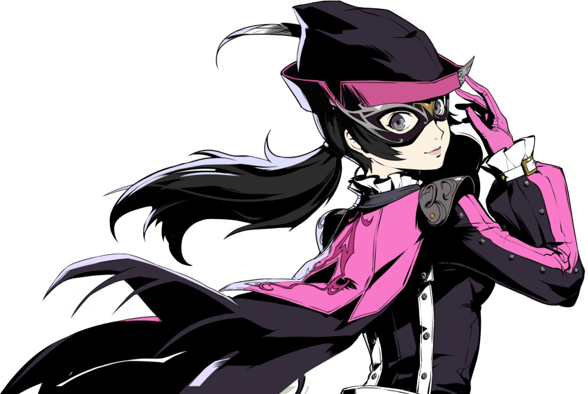 1girl, black_hair, black_mask, buttons, domino_mask, gloves, hat_feather, highres, long_sleeves, mask, neckerchief, noge_tomoko, official_art, persona, persona_5, persona_5:_the_phantom_x, pink_gloves, pink_shirt, puffy_long_sleeves, puffy_sleeves, shirt, twintails