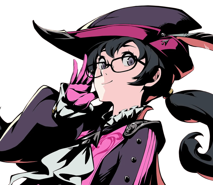 1girl, black_hair, buttons, glasses, gloves, hat_feather, long_sleeves, neckerchief, noge_tomoko, official_art, persona, persona_5, persona_5:_the_phantom_x, pink_gloves, pink_shirt, puffy_long_sleeves, puffy_sleeves, shirt, twintails