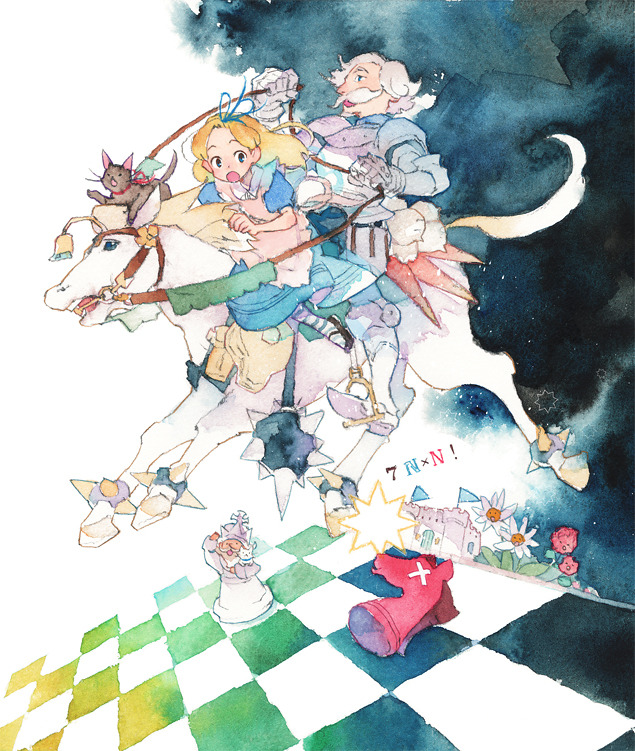 1boy, 1girl, 21grams-a, alice_(alice_in_wonderland), alice_in_wonderland, apron, armor, black_background, black_cat, black_footwear, blonde_hair, blue_dress, blue_eyes, blue_pantyhose, blue_ribbon, blue_shirt, blue_sleeves, castle, cat, chess_piece, chessboard, child, commentary_request, crossed_bandaids, dress, facial_hair, flower, frilled_apron, frills, full_armor, grey_armor, hair_ribbon, height_difference, holding, holding_reins, horseback_riding, king, knight, long_hair, loose_hair_strand, mace, mary_janes, medium_dress, mustache, old, old_man, open_mouth, original, painting_(medium), pantyhose, puffy_short_sleeves, puffy_sleeves, red_flower, red_rose, reins, ribbon, riding, rose, shirt, shoes, short_hair, short_sleeves, smile, star_(symbol), striped_clothes, striped_pantyhose, traditional_media, turtleneck, two-tone_background, two-tone_pantyhose, watercolor_(medium), weapon, white_apron, white_background, white_flower, white_hair, white_pantyhose