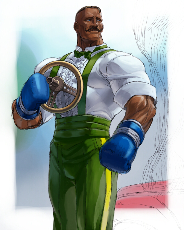 atuki-kodou, blue_eyes, boxing_gloves, dark_skin, dudley, facial_hair, male, manly, mustache, pixiv_manga_sample, solo, steering_wheel, street_fighter, suspenders