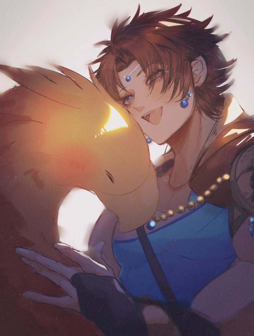 1boy, armor, bartz_klauser, beads, bird, blue_eyes, blue_gemstone, blue_shirt